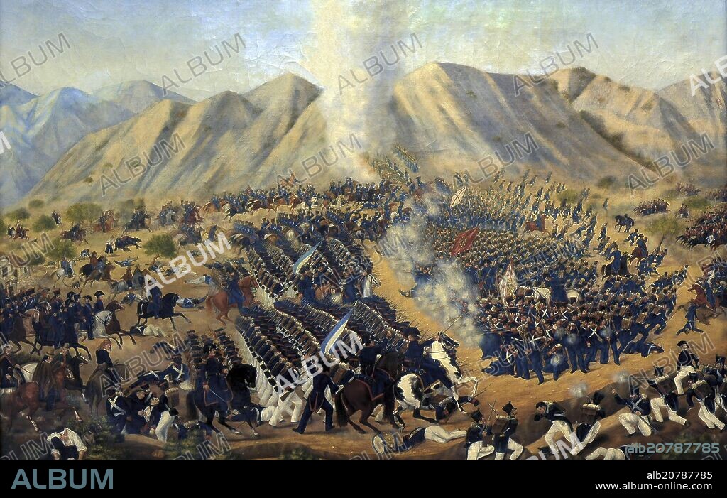 JOSE TOMAS VANDORSE (1830 / ?). BATTLE OF CHACABUCO ON FEBRUARY 12, 1817, 1867, OIL ON CANVAS. 105.6x153cm.