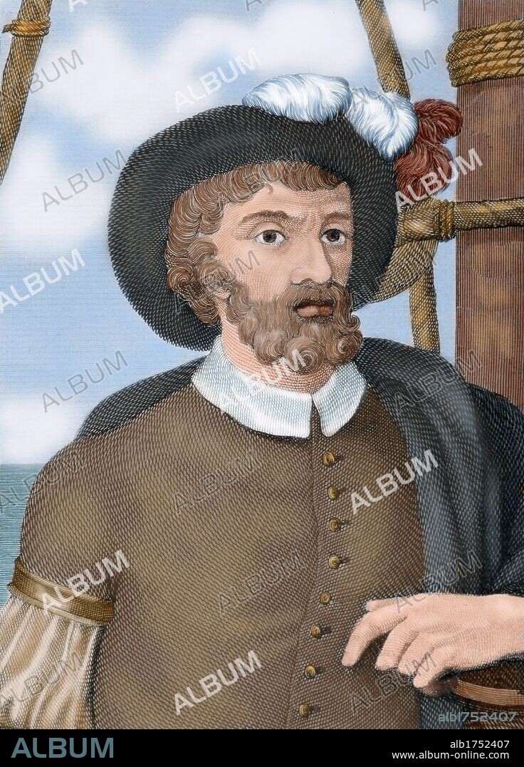 Juan Sebastian Elcano (1476-1526). Spanish explorer enlisted in the famous expedition of Magellan (1519). First navigator who completed the first circumnavigation of the world (1522). Colored engraving.