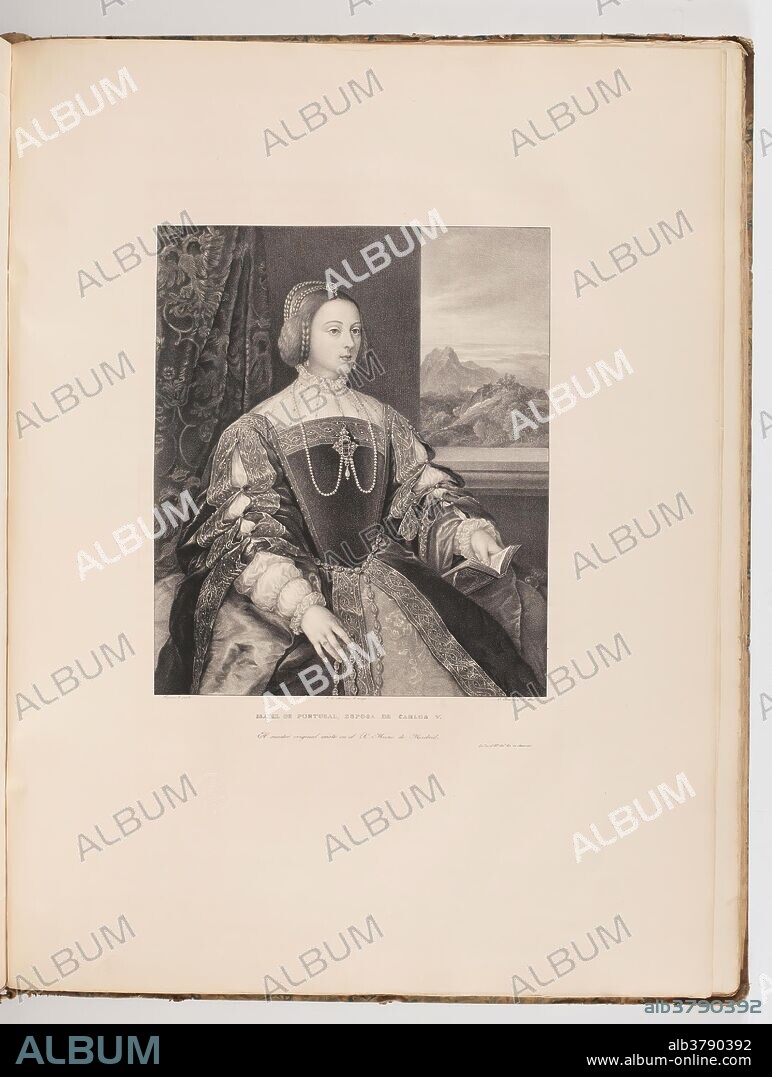 JOSE DE MADRAZO Y AGUDO and CAYETANO RODRÍGUEZ. Cayetano Rodríguez (Lithographer) (After Titian (Tiziano Vecellio)); José de Madrazo y Agudo (Director); Real Establecimiento Litográfico de Madrid (Printer) / 'The Empress Isabel of Portugal'. 1832 - 1837. Lithographic aquatint, Crayon lithography, Pen lithography, Scraper on wove paper.