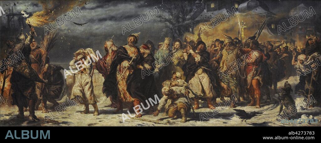Iván IV el Terrible (1530-1584). Zar de Rusia. Pintura de Jan Matejko (1838-1893), 1875. Representa la procesión de la muerte del boyardo Mikhail Yakovlevich Morozov con el zar al frente. Galería de Arte Polaco del siglo XIX (Lonja de los Paños, Sukiennice). Museo Nacional de Cracovia. Polonia.