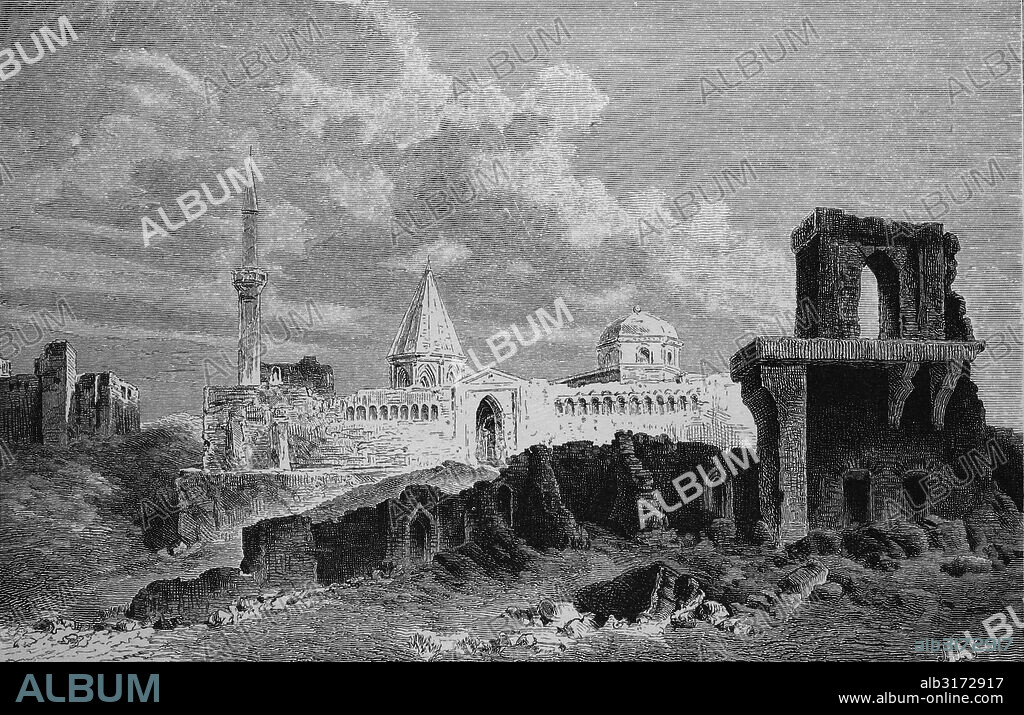 Ruins of the seljuk palace in konya, turkey, historical woodcut, 1870.