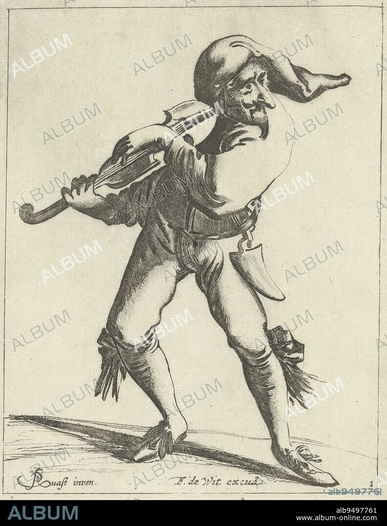 A jester-like figure with a large nose plucks the strings of a violin. He wears knee breeches with large bows and has a hat on his head. The print is part of a series of twelve prints featuring fools, Jester with a violin Twelve fools (series title), print maker: Pieter Jansz. Quast, (mentioned on object), publisher: Frederik de Wit, (mentioned on object), print maker: Netherlands, publisher: Amsterdam, 1639 - 1706, paper, etching, engraving, h 147 mm × w 115 mm.