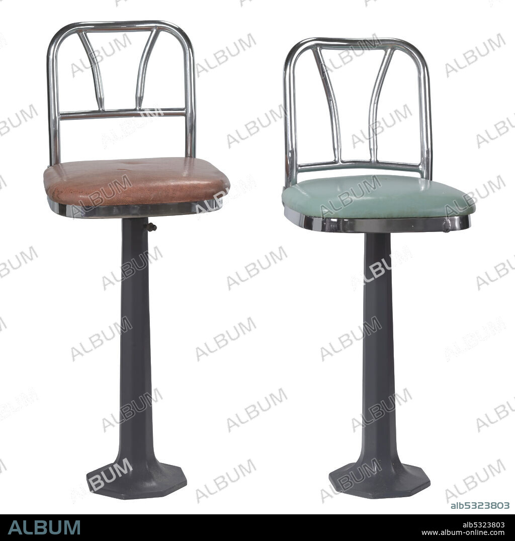 CHICAGO HARDWARE FOUNDRY CO.. A green and a salmon-colored stool from the F. W. Woolworth department store in Greensboro, North Carolina. The Greensboro sit-ins were a series of nonviolent protests against racial segregation, which took place in 1960, primarily in the Woolworth store, (now the International Civil Rights Center and Museum), in Greensboro. Four African-American students - Ezell Blair Jr., David Richmond, Franklin McCain and Joseph McNeil - were refused service at the store's lunch counter when they each asked for a cup of coffee. They stayed until the store closed that night, and then went back to the North Carolina A&T University campus, where they recruited more students to join them the next morning. The protests led to the F. W. Woolworth Company removing its policy of segregation in the Southern United States. The back rest and frame of the seat are chrome plated metal. The back rest is made of a middle rail with two spindles attached to a top rail that curves to connect to the chair seat. The seat has a plywood bottom and is attached to an iron tube. The iron tube and chair have been inserted into a reproduction metal base. A manufacturer’s tag is stapled to the bottom of the seat.