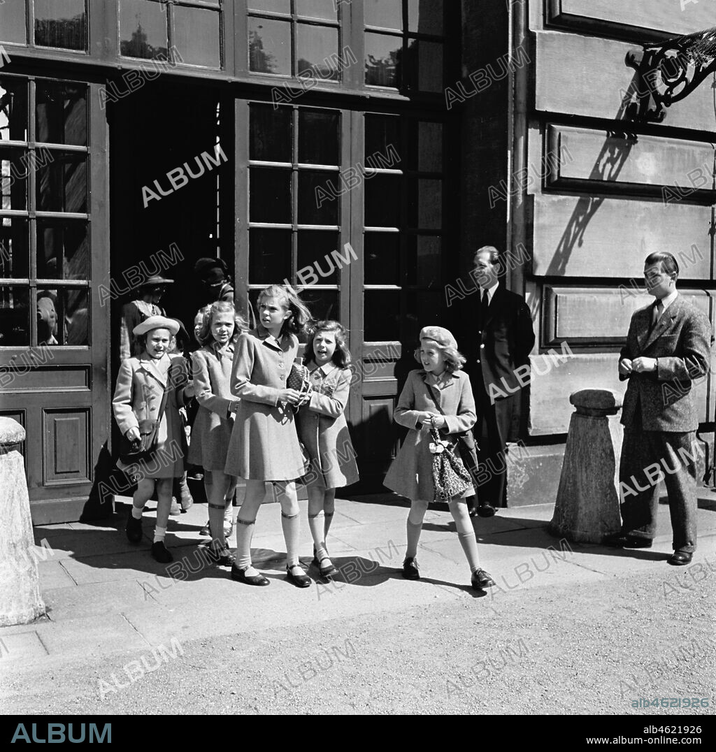 The princesses Birgitta, Margaretha and Desiree on their way from the Castle School, Stockholm, Sweden, 24/5 1946.