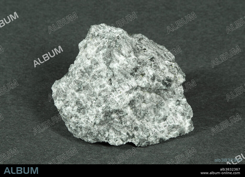 Hand sample of Anorthosite, a plutonic, or intrusive, igneous rock consisting almost entirely of feldspars with minor amounts of quartz. It usually displays a phaneritic texture; mineral grains are of nearly equal size and are visible to the naked eye.