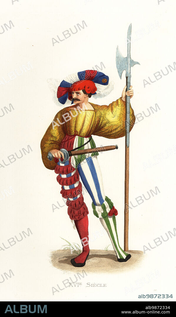 Valtein, GermanLandsknechte halberdier, 16th century. Swordsman who fought in Denmark. In plumed hat, gold full-sleeved doublet, striped stockings, garters, carrying a sword and halberd. Hallebardier. After a print by Hans Guldenmundt. Handcolored lithograph after an illustration by Edmond Lechevallier-Chevignard from Georges Duplessis's Costumes historiques des XVIe, XVIIe et XVIIIe siecles (Historical costumes of the 16th, 17th and 18th centuries), Paris, 1867. Edmond Lechevallier-Chevignard was an artist, book illustrator, and interior designer.