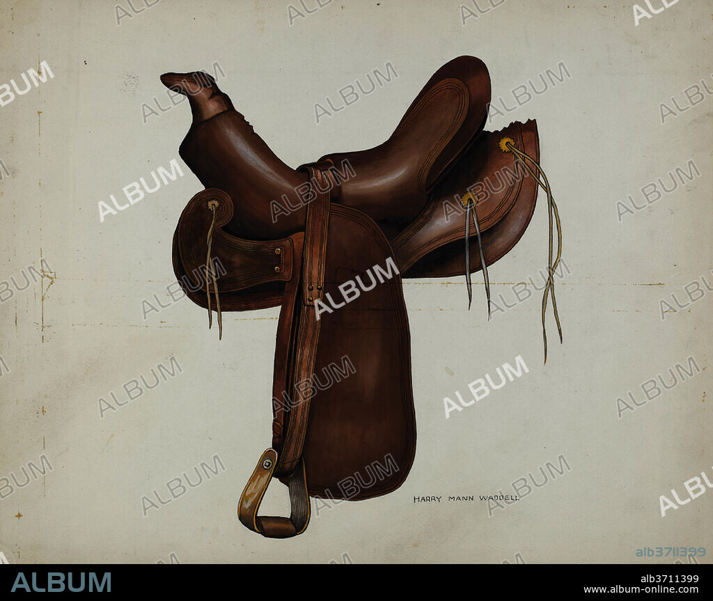 EVA FOX AND HARRY MANN WADDELL. Saddle. Dated: c. 1936. Dimensions: overall: 27.8 x 35.2 cm (10 15/16 x 13 7/8 in.)  Original IAD Object: 28" high; 28" long. Medium: watercolor and pen and ink on paper.