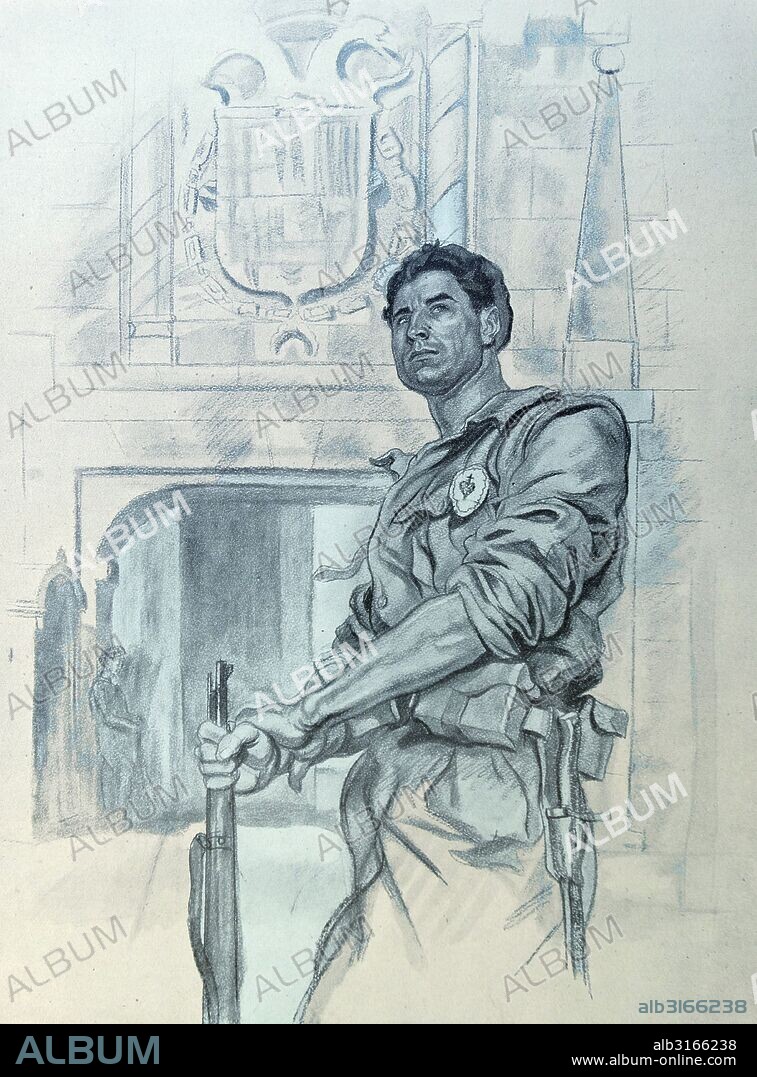 Propaganda illustration by Carlos Saenz De Tejada depicting a Carlist century standing guard in Pamplona. Dated 1937.