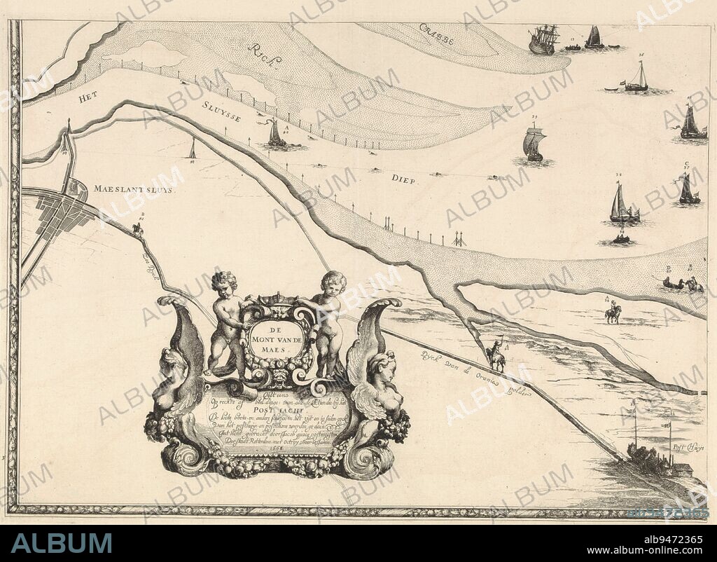 Part (lower left) of map of the Maas estuary with postal routes, Map of the Maas estuary with postal routes (lower left part) De Mont van de Maes with an upright depiction of all the actions that were done at the Post Office by the loots boats and other ships in the outward and inward sails oock of the post house and the postillions (title on object) Post card (series title), print maker: Joost van Geel, Joost van Geel, publisher: Jacob Quack, (rejected attribution), Rotterdam, 1666 and/or in or after 1698, paper, etching, engraving, w 560 mm × h 385 mm.