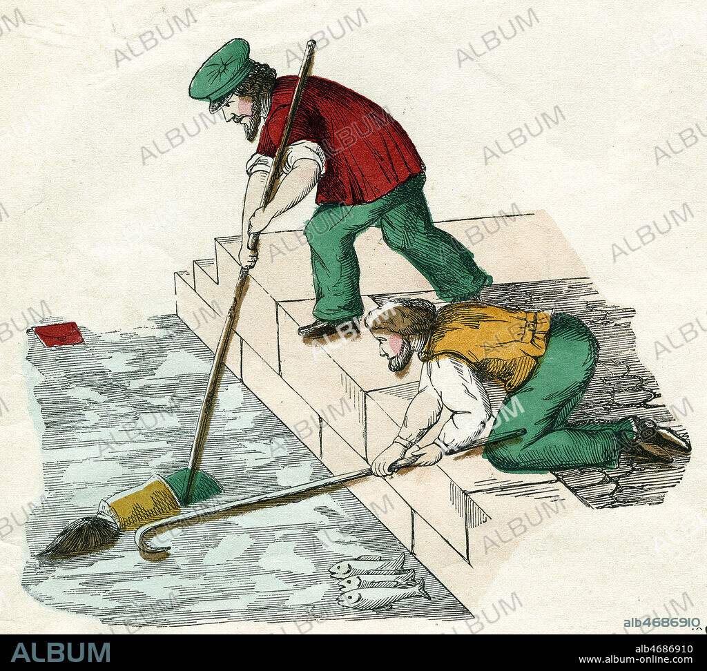Pierre l'Ebouriffe: Histoire du petit garcon qui avait toujours la tete en l'air... il tombe dans le canal, des ouvriers le repechent. Gravure in Pierre l'Ebouriffe conte moral de Heinrich HOFFMANN, vers 1870-1880. Credit Collection Kharbine Tapabor.