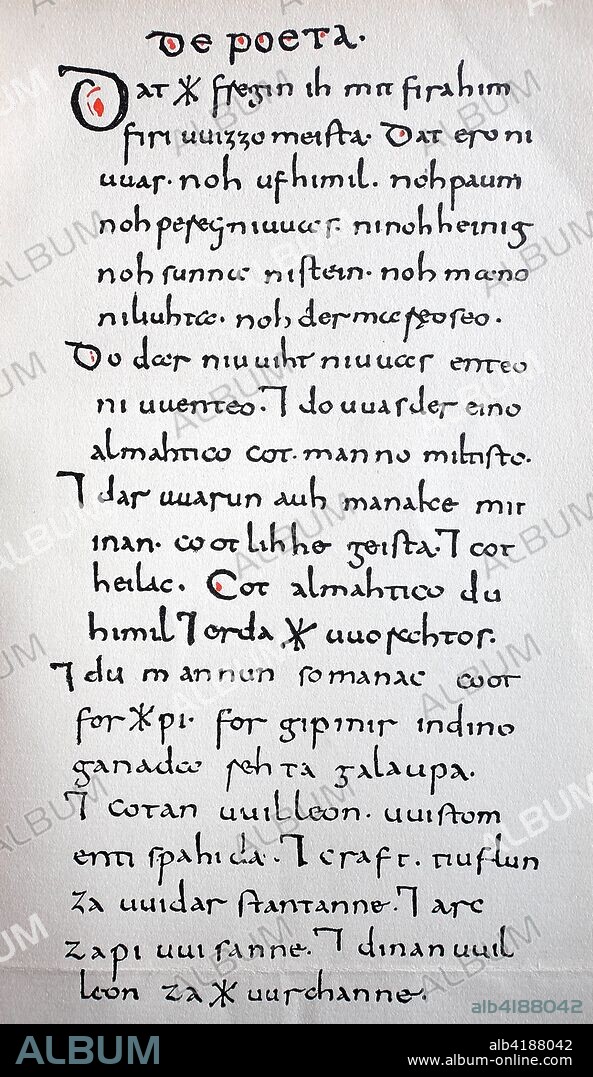 Manuscript of the Wessobrunner Gebet, the Wessobrunn Prayer, sometimes called the Wessobrunn Creation Poem (German: Wessobrunner Gebet, Wessobrunner Schoepfungsgedicht), believed to date from c790, is among the earliest known poetic works in Old High German, historical image or illustration, published 1890, digital improved.