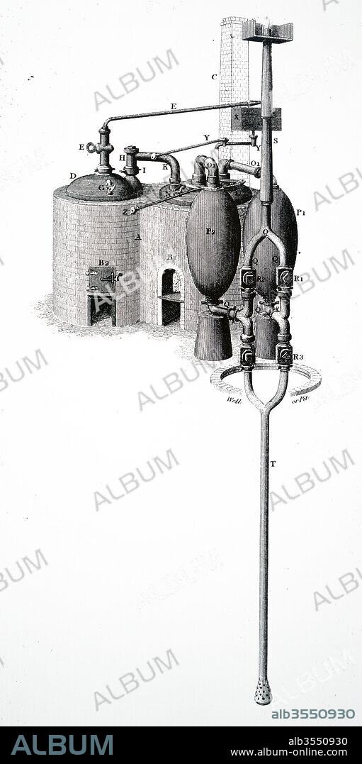 Diagram depicting Thomas Savery's steam pump of 1702, also known as 'The Miner's Friend'. Thomas Savery (1650-1715) an English inventor and engineer. Dated 19th century.