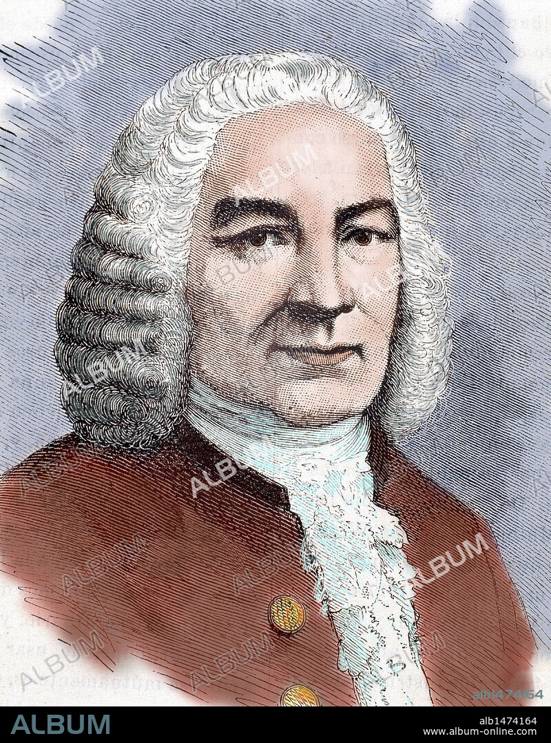 BACH, Juan Sebastian (Eisenach,1685-Leipzig,1750). Compositor alemán. Desempeñó el cargo de "Kapellmeister" desde 1717 a 1723 del duque de Cöthen, periodo en que compuso sus principales obras instrumentales. Grabado por Tourfaut. "El Semanario Familiar Pintoresco" (año 1877). Coloreado.