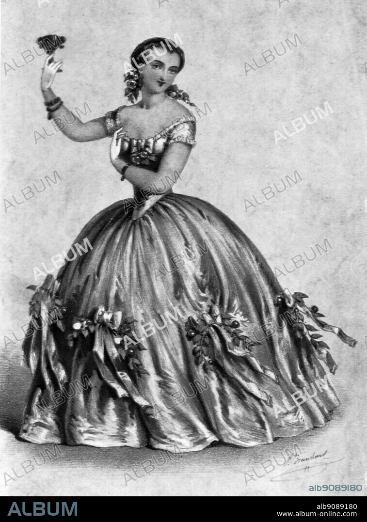 Marietta Piccolomini opera singer as Violetta in La Traviata at Her Majety's Theatre on 24th May 1856. Lithograph by Brandard.