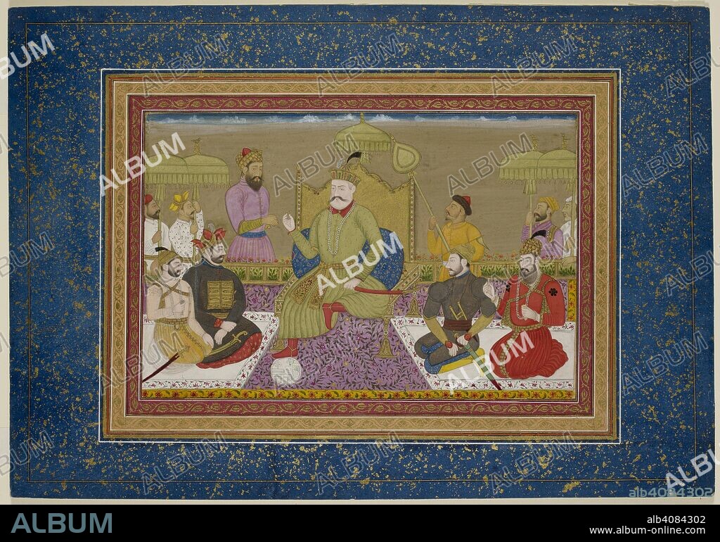 Yusuf â€˜Adil Shah of Bijapur, enthroned with the next four monarchs of Bijapur. Yusuf 'Adil Shah of Bijapur and court. Yusuf â€˜Adil Shah of Bijapur (1509-11) enthroned with the next four monarchs of Bijapur, being handed the key of royal authority by a Persian figure, his right foot upon a circular globe(?); to his right, and slightly smaller and below him, are kneeling Ismail (d.1534) and Ibrahim I (d.1557), and likewise to his left are â€˜Ali I (d.1579) and Ibrahim II (d.1626). Attendants behind carry parasols above the sultans, each with a gold Persian inscription but with no obvious meaning. By a Deccani artist, c.1750, after a lost Bijapuri original of c.1610. Source: Add. Or. 4242.