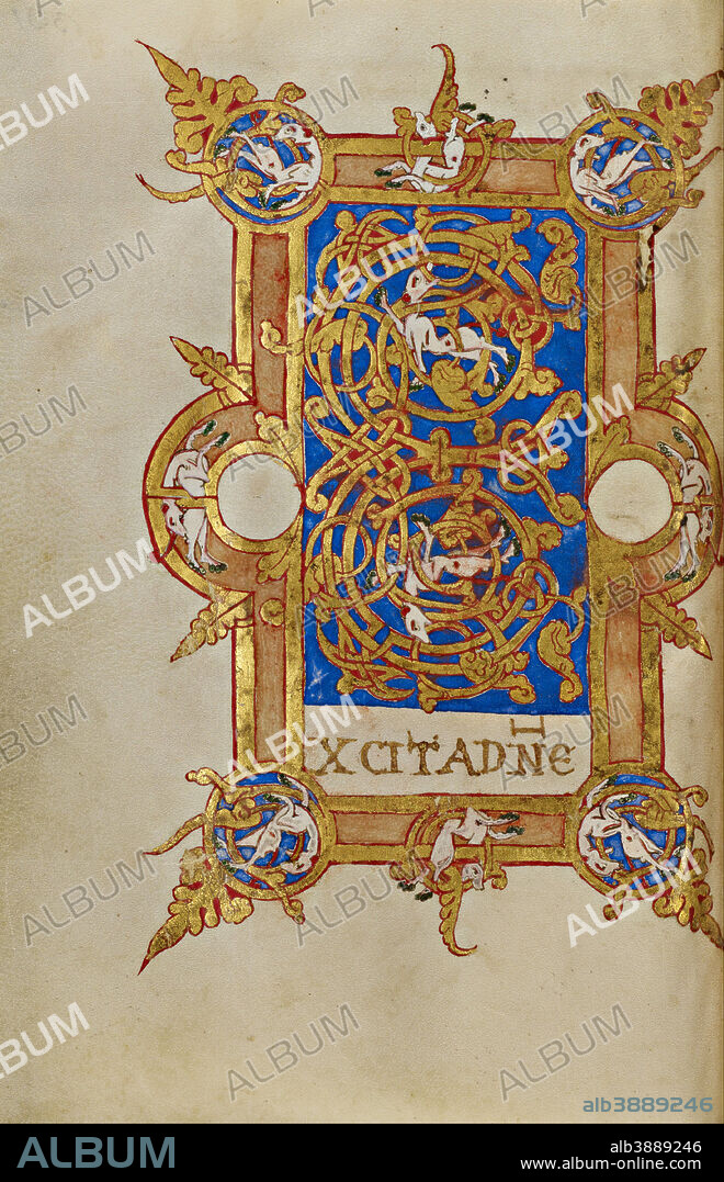 UNKNOWN. Inhabited Initial E. Date/Period: 1153. Folio. Tempera colors, gold leaf, gold paint, and ink on parchment. Height: 192 mm (7.55 in); Width: 132 mm (5.19 in).