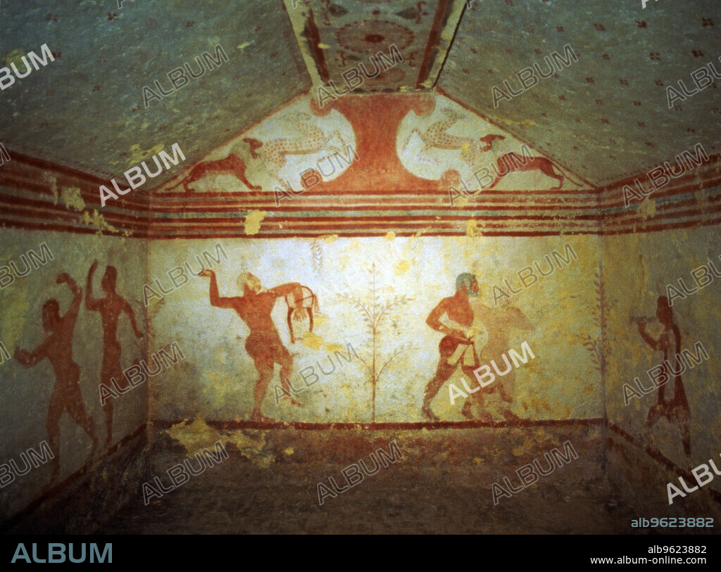 Frescoes in the Baccanti tomb in the necropolis of Montarozzi at Tarquinia.