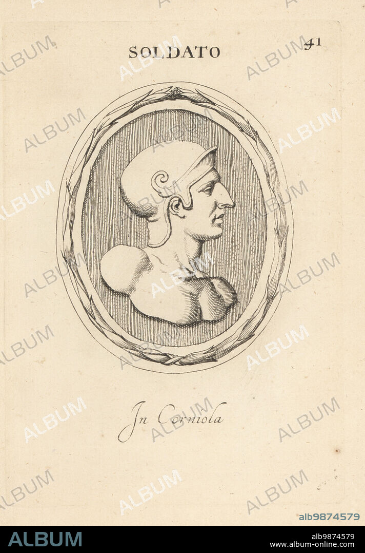 Soldier, probably a Greek hero, naked except for a helmet, like Achilles or Diomedes. In carnelian. Soldato. In corniola. Copperplate engraving by Giovanni Battista Galestruzzi after Leonardo Agostini from Gemmae et Sculpturae Antiquae Depicti ab Leonardo Augustino Senesi, Abraham Blooteling, Amsterdam, 1685.