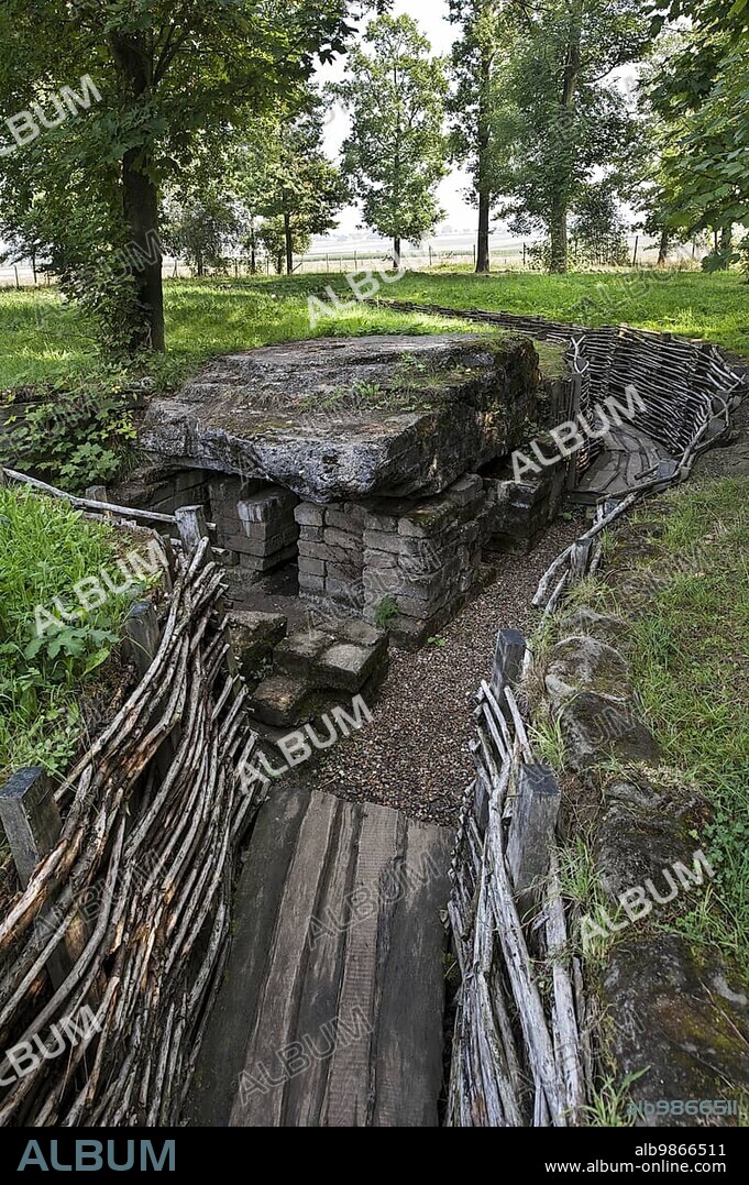 WWI bunker at Bayernwald, Croonaert Wood, reconstruction of German First World War One trench at Wijtschate, West Flanders, Belgium, Europe.
