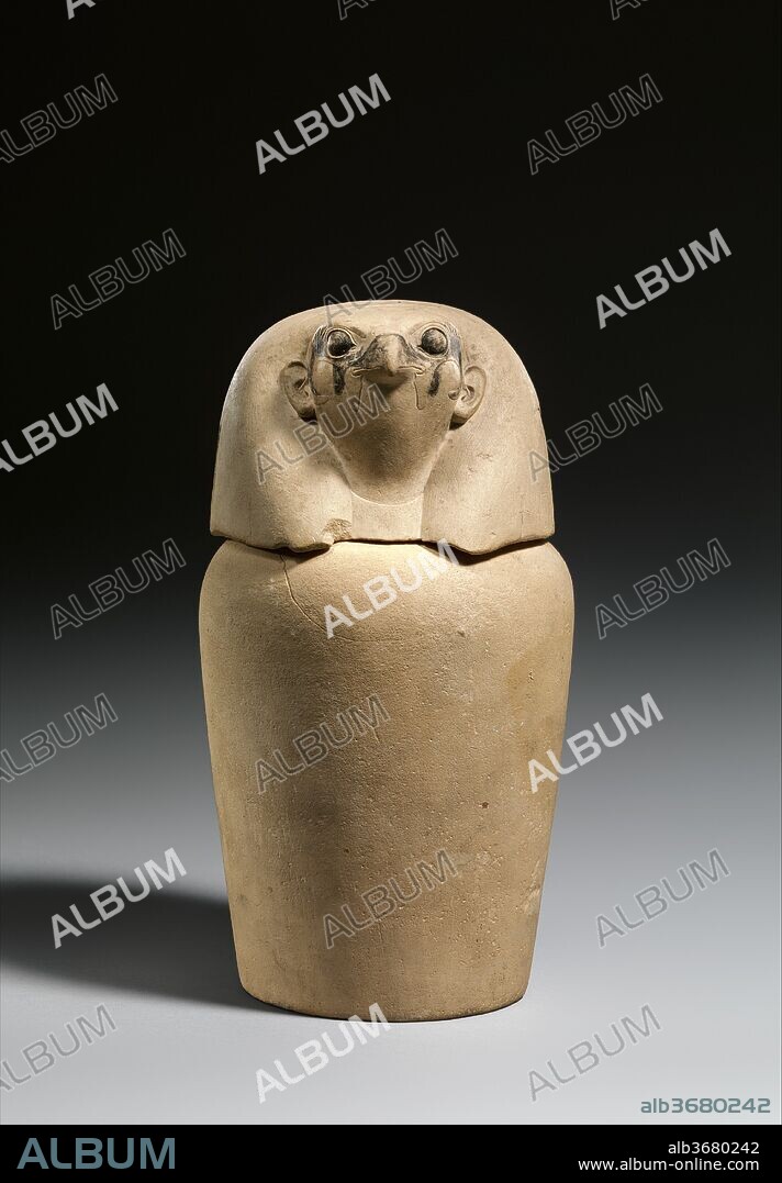 Canopic Jar Representing the Deity Qebehsenuef. Dimensions: H. 26.5 cm (10 7/16 in); Diam. 14.5 cm (5 11/16 in). Dynasty: Dynasty 18-20. Date: ca. 1550-1070 B.C..
Canopic jars were made to hold the internal organs that were removed during mummification. This canopic jar, with its falcon-headed lid, probably held the intestines and was under the protection of the god Qebehsenuef, one of the Four Sons of Horus. The other three jars of the set are 12.183.1a, b,d.