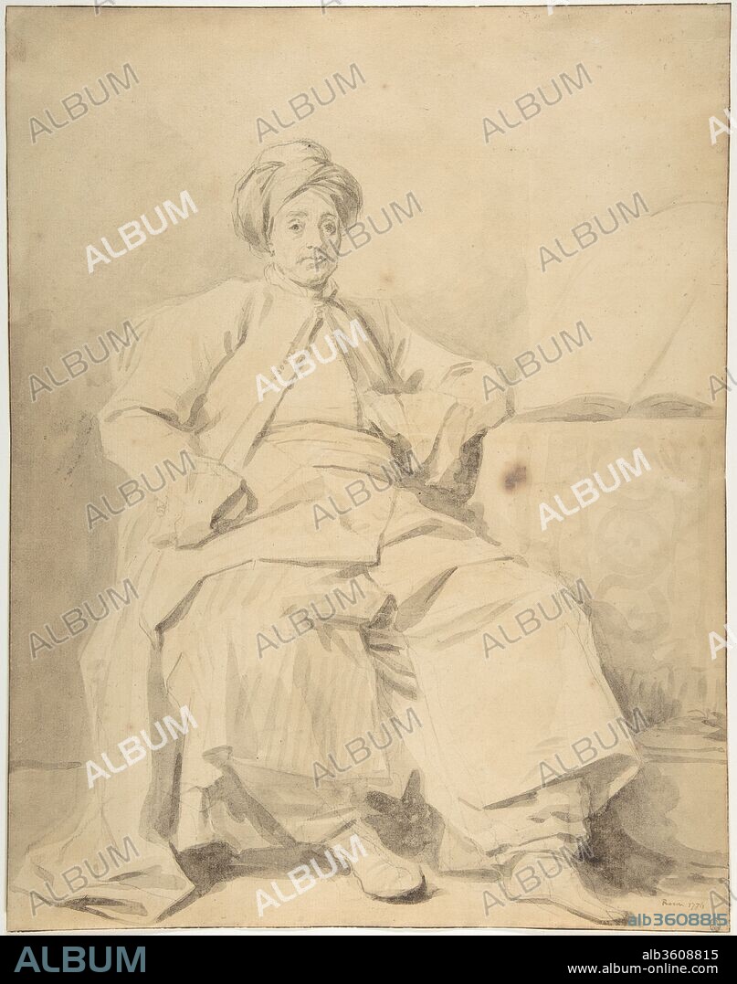 JEAN-HONORÉ FRAGONARD. The Sultan. Artist: Jean Honoré Fragonard (French, Grasse 1732-1806 Paris). Dimensions: 14 1/4 × 11 1/4 in. (36.2 × 28.6 cm). Date: 1774.
Despite its traditional title, this sheet represents not a sultan but a model dressed in Turkish attire. Posing and drawing figures in exotic costume was a long-standing tradition at the Académie de France in Rome where Fragonard had studied--a practice connected both to masquerades and to the training of young history painters. However, this sheet dates to 1774, when Fragonard visited Rome a second time, this time in the company of his patron, Pierre Jacques Onésyme Bergeret de Grancourt. As with many of his brown wash drawings of the 1770s, the wash here is intentionally diluted, its transparency leaving visible the freely executed black chalk underdrawing.
A modern copy of this drawing, once considered to be the original, is also in the museum's collection (1972.118.213).
