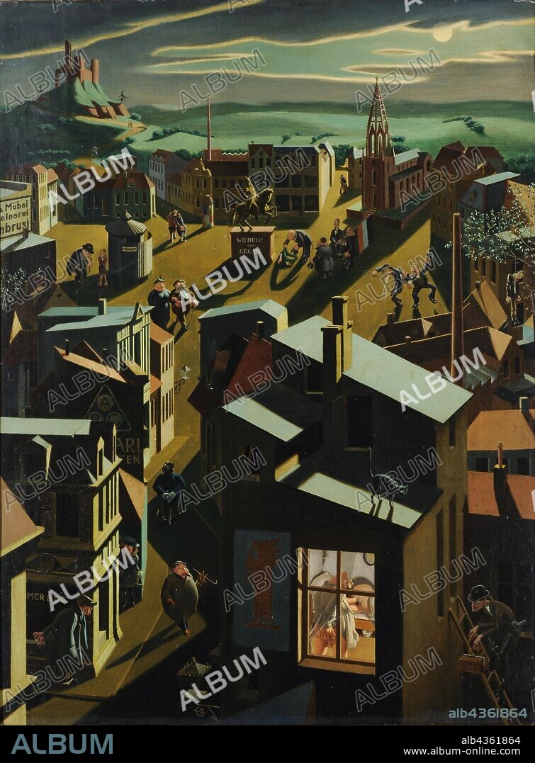 German small town at night, 1923, oil on board, 100 x 75 cm, signed and dated lower left: Georg Scholz., 1923, inscribed on the back by the artist: German small town by night painted by Georg Scholz to Grötzingen, Amt Durlach (Baden) in 1923 (IX.), Georg Scholz, Wolfenbüttel 1890–1945 Waldkirch.