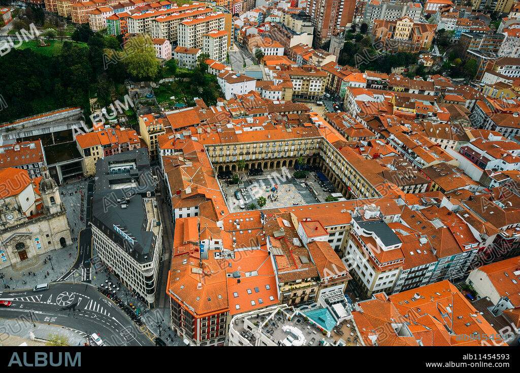 Aerial drone view of Plaza Nueva in Bilbao, Basque Country, Spain, Europe.