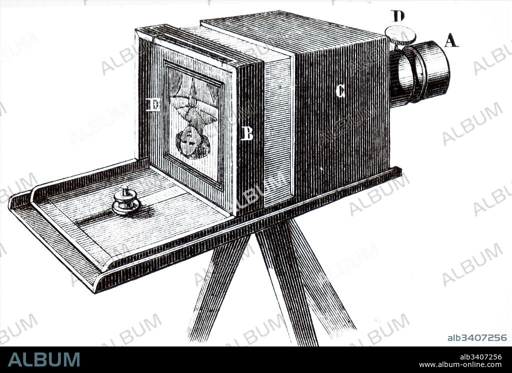 Engraving depicting a camera used to take daguerreotype photographs invented by Louis Daguerre. Louis Daguerre (1787-1851) a French artist, inventor and photographer. Dated 19th Century.