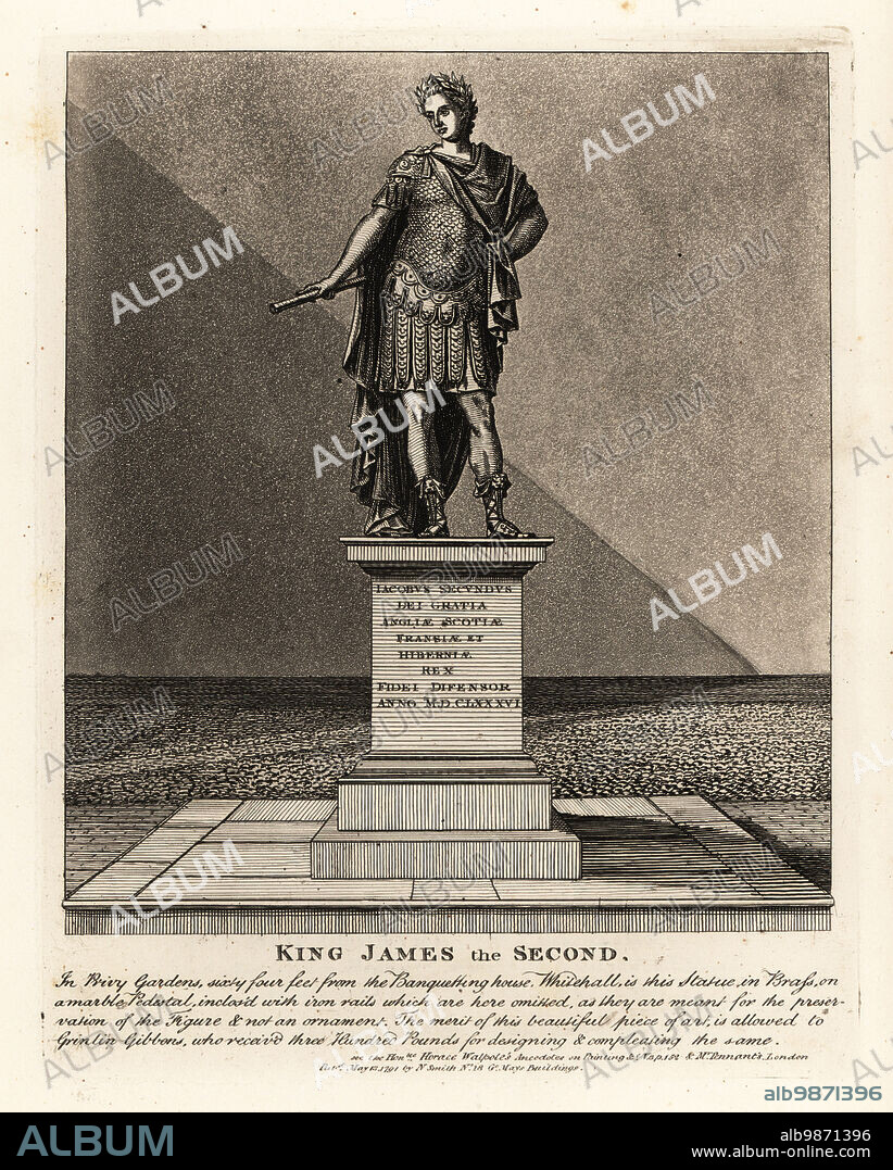 Statue of King James II of England in costume as a Roman emperor, Jacobus Seundus, designed by Grinlin Gibbons, in the Privy Gardens. Copperplate engraving by John Thomas Smith after original drawings by members of the Society of Antiquaries from his J.T. Smiths Antiquities of London and its Environs, J. Sewell, R. Folder, J. Simco, London, 1791.