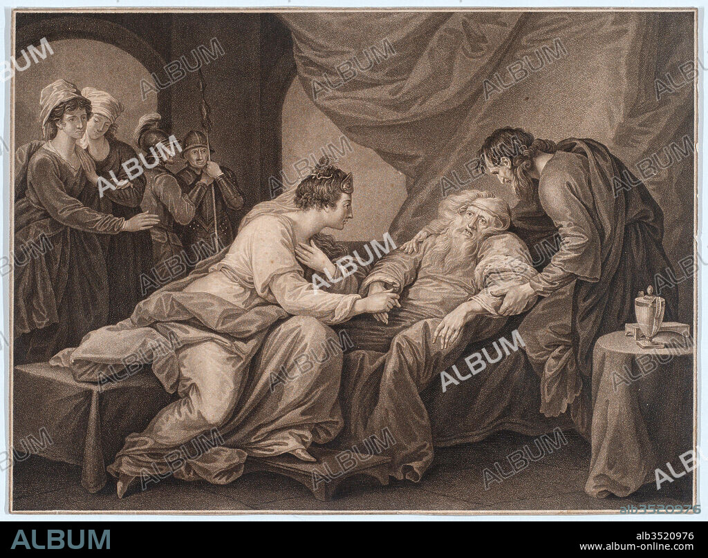 Drawings and Prints, Print, King Lear and Cordelia (Shakespeare, King Lear, Act 4, Scene 7), Publisher, Engraver, Artist, Subject, (?), After, Benjamin Beale Evans, Francesco Bartolozzi, Benjamin West, William Shakespeare, British, ca. 1765–1824, Italian, Florence 1728–1815 Lisbon, American, Swarthmore, Pennsylvania 1738–1820 London, British, Stratford-upon-Avon 1564–1616 Stratford-upon-Avon, Evans.
