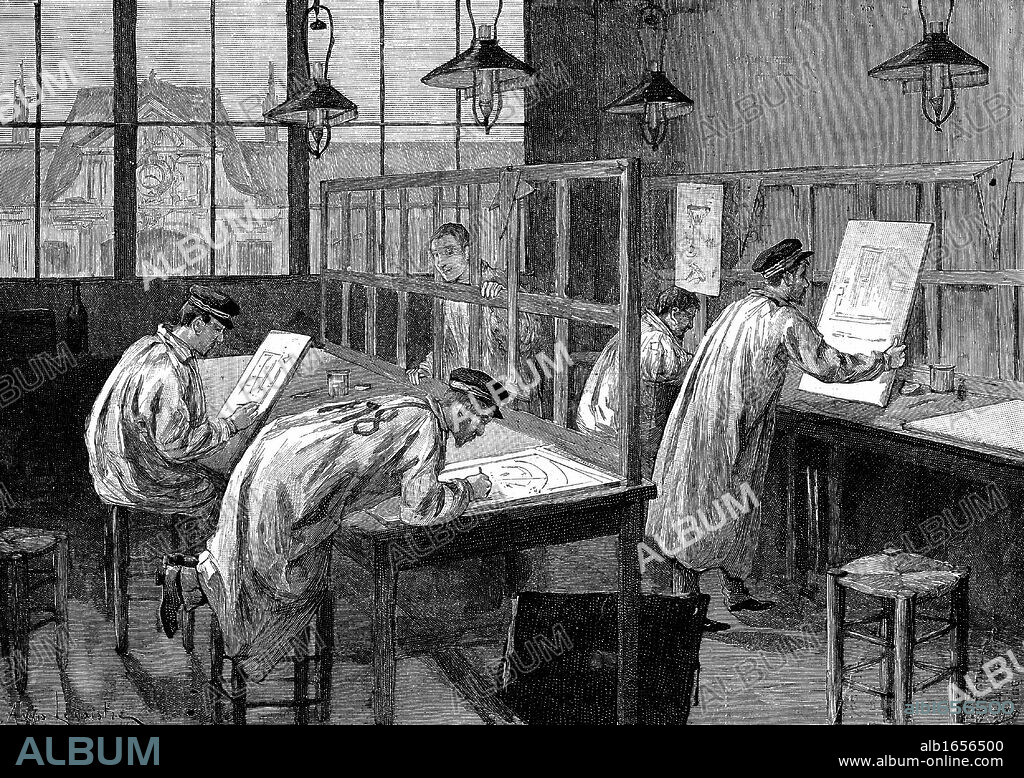 First year students at L'Ecole Centrale des Arts et Manufactures, Paris, working in their private study time. Wood engraving Paris 1887.