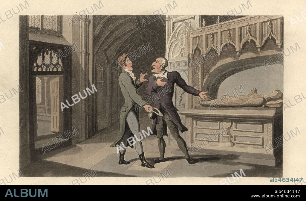 English gentleman at the tomb of Petrarchs muse, Laura de Sade, Laure des Noves, in the Chapelle des Sade, convent of the Cordeliers, Avignon. At the tomb of Laura. Handcoloured copperplate engraving after an illustration by Thomas Rowlandson from Journal of Sentimental Travels in the Southern Provinces of France, translated and abridged from Moritz August von Thummels Reise in die mittäglichen Provinzen van Frankreich im Jahre 17851786, Rudolph Ackermann, London, 1821.