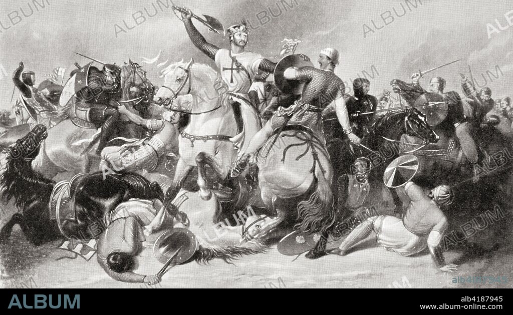 Richard I and Saladin at Ascalon in 1192 at the end of the Third Crusade.  Richard I, aka Richard CÅ“ur de Lion or Richard the Lionheart, 1157 - 1199.  King of England.  An-Nasir Salah ad-Din Yusuf ibn Ayyub, aka Salah ad-Din or Saladin, 1137 -  1193.  First sultan of Egypt and Syria and the founder of the Ayyubid dynasty.  From Hutchinson's History of the Nations, published 1915.