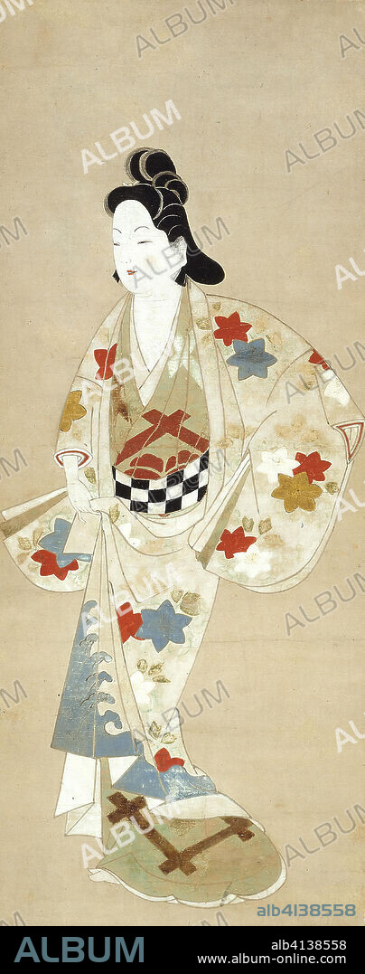 Standing Beauty. Japanese. Date: 1656-1678. Dimensions: 66.0 x 27.0 cm (26 x 10 5/8 in.), including mount and knobs: 145.8 x 39.6 cm (57 7/16 x 15 5/8 in.). Hanging scroll; ink, color, and gold on paper. Origin: Japan.