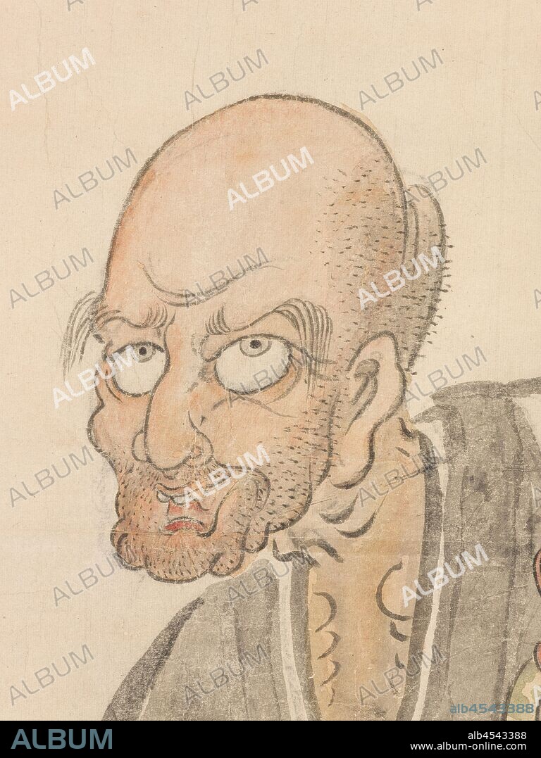 Portrait of Rinzai, Hakuin Ekaku (Japanese, 1685-1768), Edo, about 1750, ink and light color on paper, vertical hanging scroll, 51-7/8 x 21-3/4 in. (image) 81-5/8 x 26-5/8 in. (overall) 83-3/8 x 28-5/8 x 1-1/4 in. (as installed), inscribed: Katsu (Japanese characters) Square relief seal: [Hakui no in] (Japanese characters) Square intaglio seal: [Ekaku] (Japanese characters) Vertical rectangular relief seal: (Japanese characters) Phrase is apparently taken from the Keisodokuzui (Japanese characters), a record of Hakuin's teachings., Asian Art.