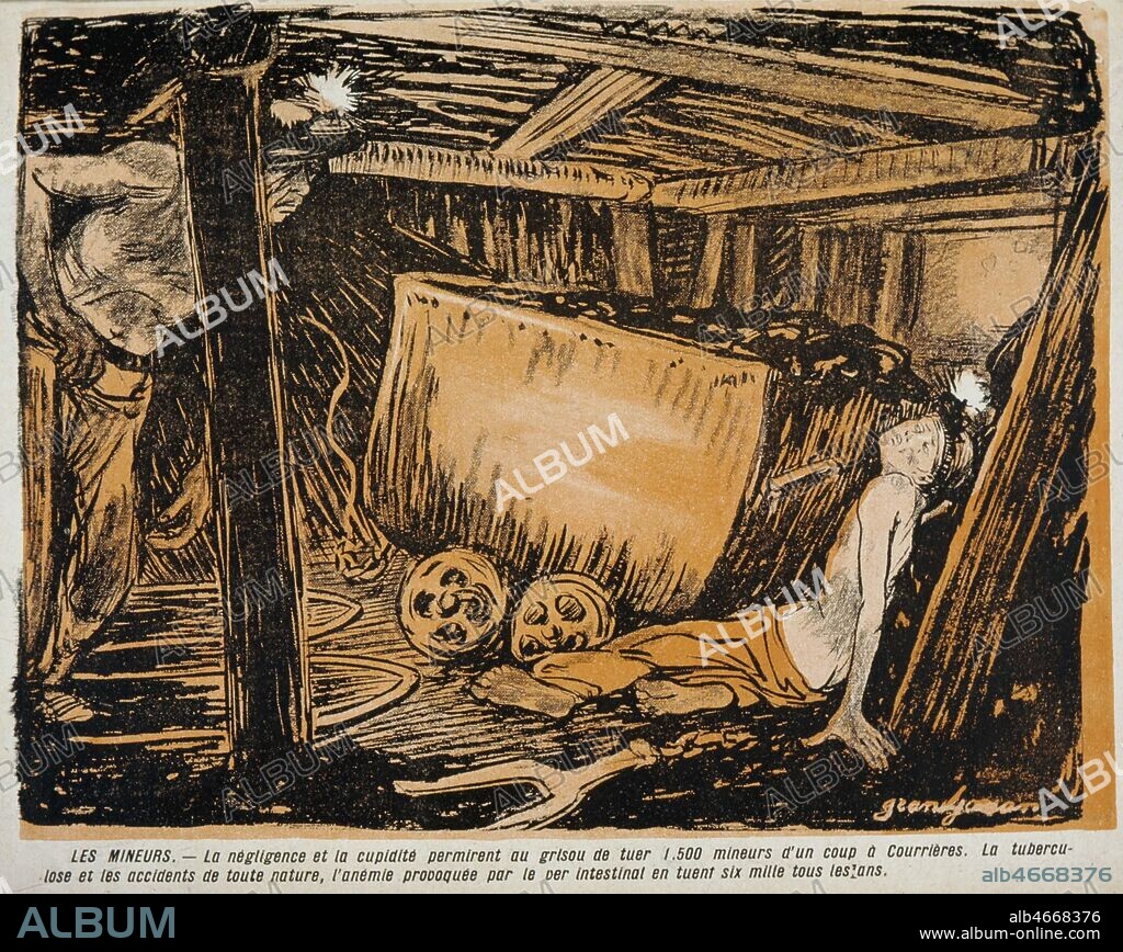 La catastrophe de Courriere : ' la negligence et la cupidite permirent de tuer 1500 mineurs d'un coup a Courrieres. La tuberculose et les accidents de toute nature, l'anemie provoquee par le ver intestinal en tuent 6000 tous les ans.' Caricature de L'Assiette au Beurre du 18/01/1907, illustree par GRANDJOUAN (ADAGP). Credit : Collection Kharbine-Tapabor.