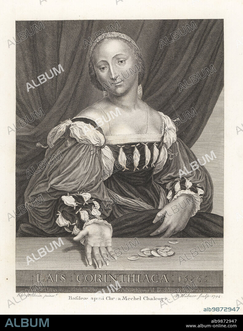 Portrait of Magdalena Offenburg as Lais of Corinth, Greek courtesan, in gown with slashed bodice and sleeves, seated at a table with coins. Titled: Lais Corinthiaca 1526. Copperplate engraving by Bartholomaus Hubner after a portrait by Hans Holbein in Christian von Mechel's Oeuvre de Jean Holbein, Chez Guillaume Haas, Basel, 1790.