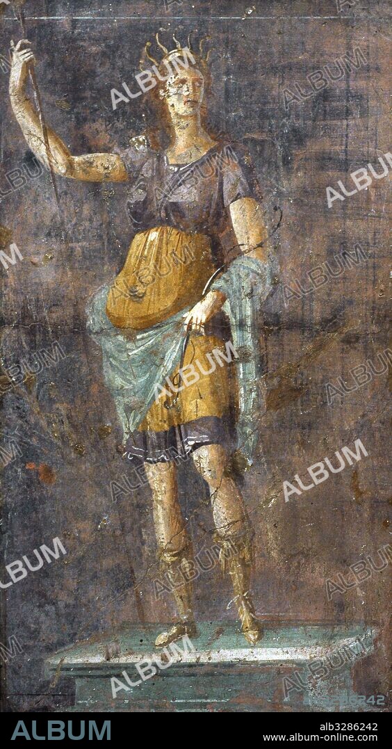Fresco romano con la representación de una estatua de Diana sobre un pedestal. De fondo, pared rojo cinabrio, ennegrecida por la exposición al sol. Siglo I a. C. Museo Arqueológico Nacional. Nápoles. Italia.