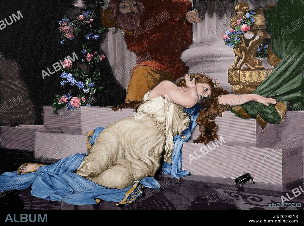 Creusa or Glauce. Daughter of Creon, king of Corinth. Wife of Jason. Death of Creusa. Engraving by Knesing. The Universe Illustrated, 1880. Colored.