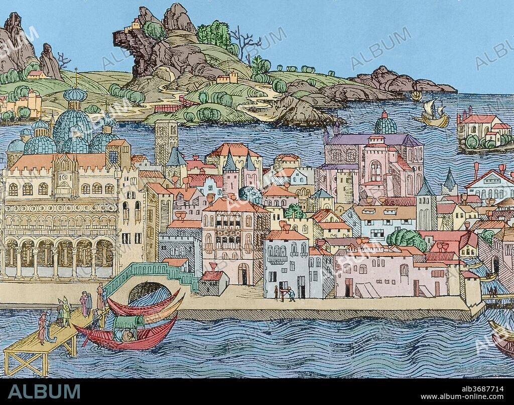 Venice, Italy. Engraving, detail. Nuremberg Chronicle by Hartmann Schedel, 1493. Later colouration.
