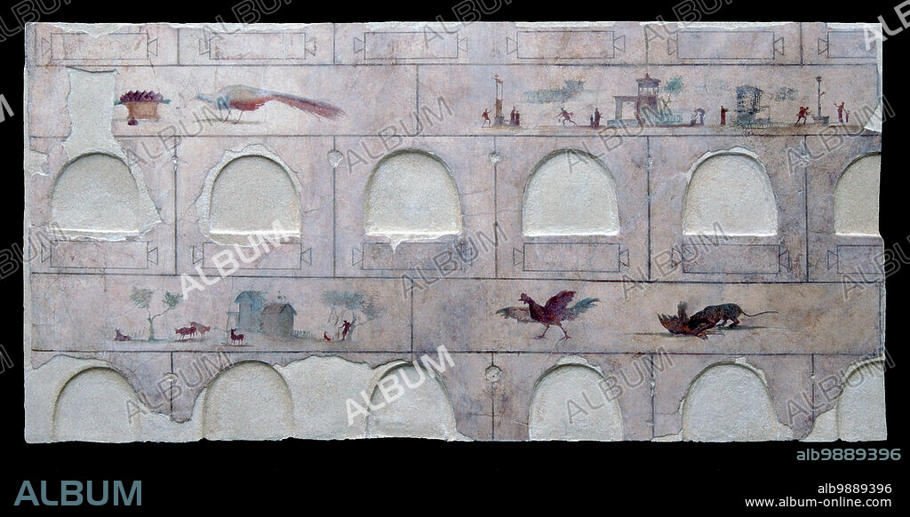 Frescoes from the great columbarium of Villa Doria Pamphili. Frescoes from the great columbarium of Villa Doria Pamphili, fresco. Italy, Latium, Rome. Detail. Landscape and birds.
