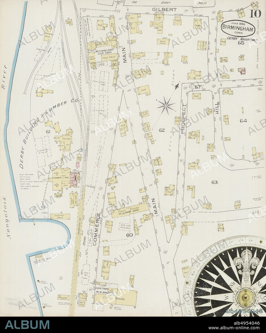 Image 10 of Sanborn Fire Insurance Map from Birmingham, New Haven County, Connecticut. Jun 1886. 11 Sheet(s), America, street map with a Nineteenth Century compass.