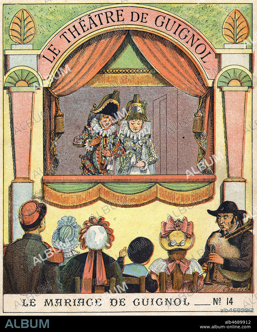 'Le mariage de guignol'. ARLEQUIN marie sa fille. Illustration par G. DASCHER pour un protege-cahier vers 1900, serie intitulee 'Le theatre de Guignol'. Credit : Collection IM/KHARBINE-TAPABOR.