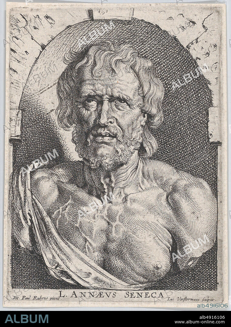 Lucas Vorsterman I, The bust of Seneca, in a niche, Lucas Vorsterman I (Flemish, Zaltbommel 15951675 Antwerp), After Peter Paul Rubens (Flemish, Siegen 15771640 Antwerp), Lucius Annaeus Seneca (Roman, 54 B.C.?A.D. 30), ca. 1620, Etching and engraving; second state of two, Plate: 5 3/8 × 3 15/16 in. (13.7 × 10 cm), Sheet (Trimmed): 5 9/16 × 4 1/16 in. (14.1 × 10.3 cm), Prints.