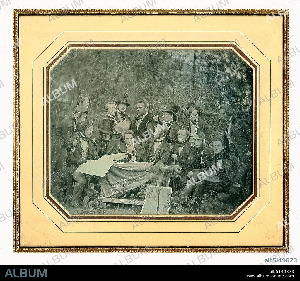 Carl Ferdinand Stelzner, Hamburger Künstlerverein im Sommerlokal an der Caffamacherreihe, 1900, daguerreotype, image size: height: 12.00 cm; width: 14.60 cm, titled and inscribed on label on verso: v. left to right: architect Heylmann, A.F. Vollmer, Otto Speckter, Martin Gensler, architect Bülau, architect Kollmann, Günther Gensler, J. H. Sander. (sitting): C.M. Laeisz, W.F. Wulff, J.L.W. Westermann, Jacob Gensler, Heinrich Stuhlmann, Georg Haeselich, J.W.D. Bantelmann, May 1843, portrait photography, group portrait, historical events, persons, places, artists, architect, Hamburger Künstler-Verein.
