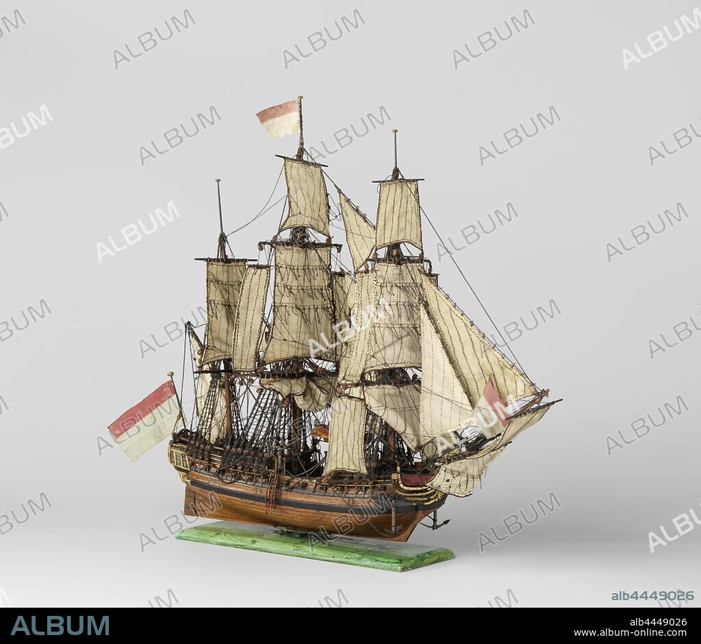 Model of a 24-Gun Frigate, Polychromed and witnessed, small decorative block model. Twenty-four pieces are arranged in one layer. Three levels: lower deck (gates), intermediate deck, aphids and baking deck and half deck with walkways. The figurehead is a crowned lion. Twisted mirror, hollow wulf with two gates, fence of one floor with carving of tendrils and a medallion with a head, side galleries of one floor with railing above and fish tail. Straight rudder with square rudder king, steering wheel on the half deck. The model is equipped with two anchors, a double Y-shaped chimney for the galley, a grab bar, two sloops - one with five belts and a boat hook - hanging above the pit and a ship bell. The sheer runs slightly to both ends, two mountain woods and a deer that is interrupted by the gun gates. Peaked trusses. Scale 1: 150 (estimate)., Thetis (ship), anonymous, Netherlands, c. 1768 - c. 1830, wood (plant material), brass (alloy), bone (material), rope, silk, cotton (textile), paint (coating), h 40.5 cm × l 39 cm × w 22.5 cm.