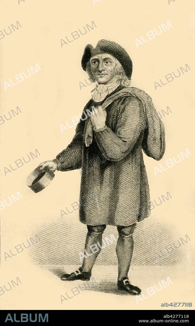 R PAGE. 'Thomas Britton, The Musical Small Coal-man', 1821. Portrait of Thomas Britton (1644-1714), English charcoal merchant and concert promoter. From "Wonderful Characters: Comprising Memoirs and Anecdotes of the Most Remarkable Persons of Every Age and Nation", Vol. I, by Henry Wilson. [J. Robins and Co. Albion Press, London, 1821].