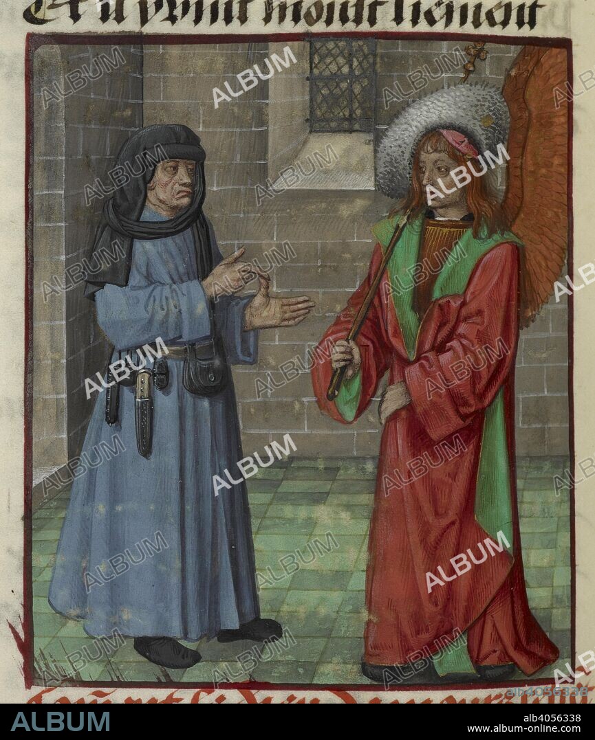 GUILLAUME DE LORRIS y JEAN DE MEUN. Detail of a miniature of Faux Semblant (False Seeming) addressing Amour (Love). Roman de la Rose. Netherlands, S. (Bruges). c. 1490-c. 1500. Source: Harley 4425 f.98v. Language: French.