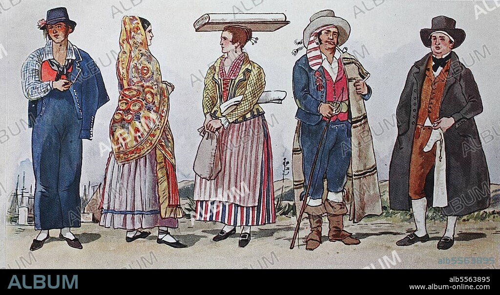 Fashion, Northern Italy c. 1800, from lks, boatmen or boat people festive traditional costume, Genoa, woman costume among the people, hand weavers from the Bisagno valley near Genoa, muleteers from the Bisagno valley and merchants with home sewn cotton stockings from Genoa, digitally enhanced reproduction of a 19th century illustration, Clothing in Italy