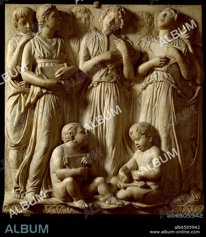 Robbia, Luca della; 1400-1482. "Group of children singing and holding psalteries", 1431/38. Marble relief. Panel (ballustrade, centre left) from a cantoria (singing gallery), Florence Cathedral (now at the Museo dell'Opera del Duomo, Florence). Overall dimension of the cantoria: 328 x 560 cm.